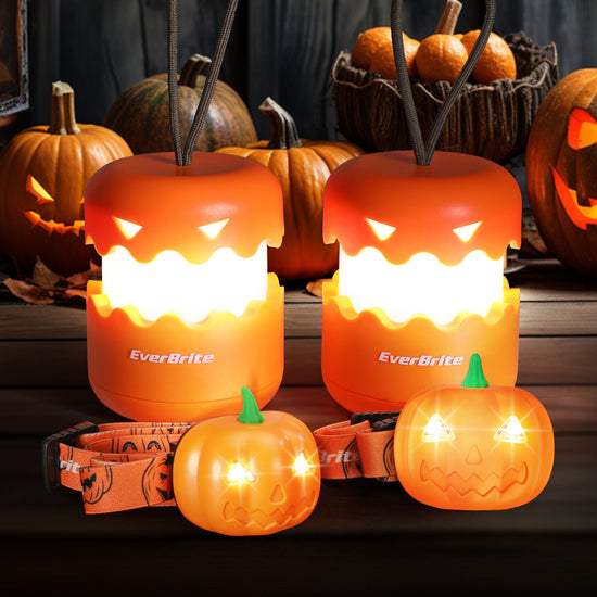 EverBrite Pumpkin Lantern and Headlamp Set (2 of Each), Collapsible Outdoor Halloween Lantern with Lanyard, 2 Modes LED Pumpkin Head Lamp for Halloween Party Decoration, Battery Included