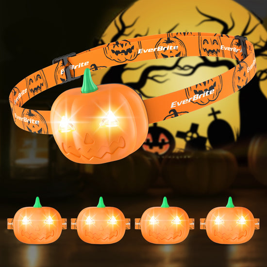 EverBrite Halloween Pumpkin Headlamp 5 Pack, 2 Modes LED Adjustable Headband, Orange Spot & Strobe Lights Halloween Gifts