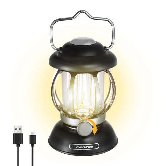 EverBrite Rechargeable Metal 4400mAh Battery Powered Hanging Vintage Camping Lamp, 3 Light Modes - Emergency Lantern for Power Outage