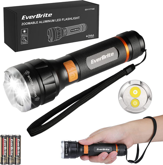 EverBrite LED Flashlight High Lumens, Super Bright, Zoomable Aluminum Flashlight with Digital Focus, 4 Modes, Water Resistant, Adjustable Brightness for Camping, Emergency, AAA Batteries Included