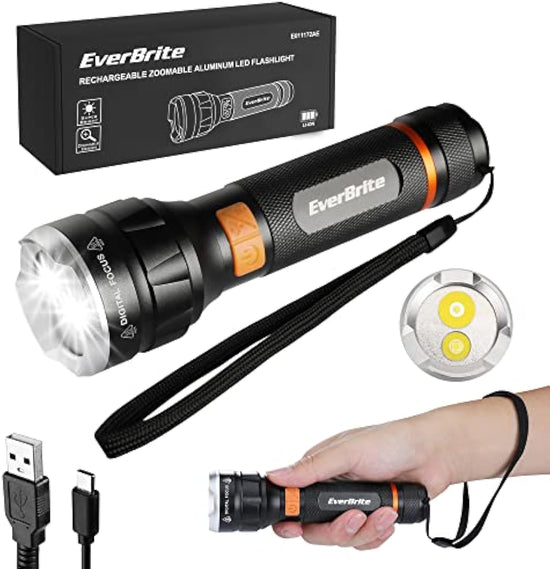 EverBrite 1000 Lumens LED Rechargeable Flashlight High Lumens, Zoomable Aluminum Flashlight with Digital Focus, 4 Modes and Water Resistant