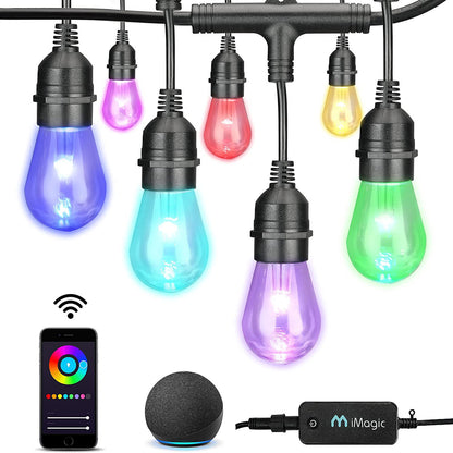 Outdoor String Lights, 49/98 Ft Smart RGB & White Patio Lights LED Multi Color String Lights, Compatible with Alexa/Google Assistant, App Control